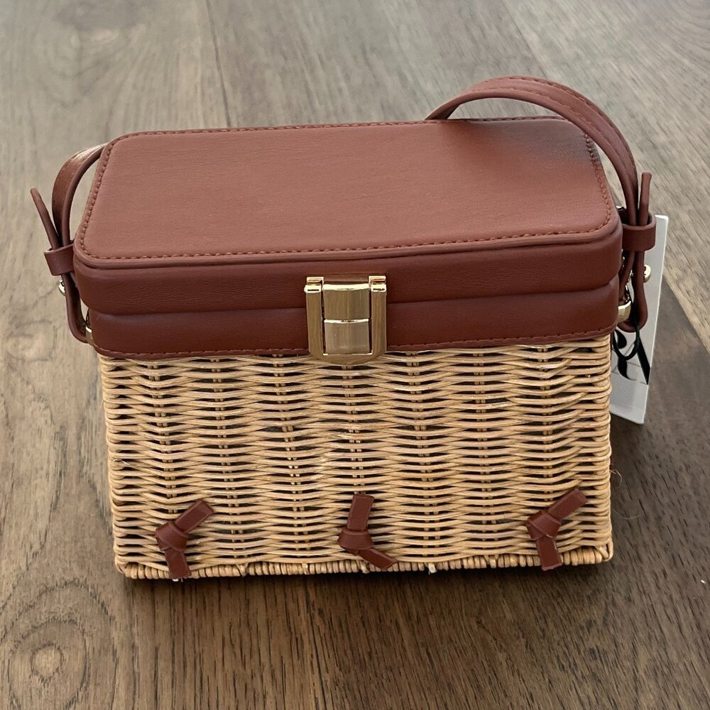 Zara Rattan Box Bag with Cognac trim